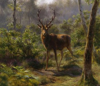 Oil painting of a stag in a forest