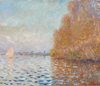 Impressionistic landscape painting of a  river, trees on the riverbank, buildings on the horizon and a white sailboat.