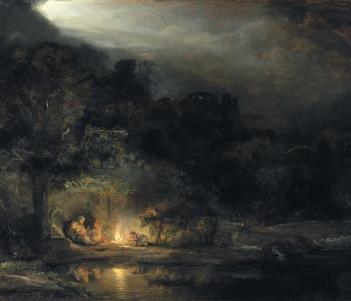 Painting of a small group of figures surrounding a fire in a landscape at night