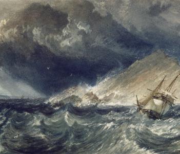 Stormy seascape painting with ship against a large rock and dark stormy clouds in the sky