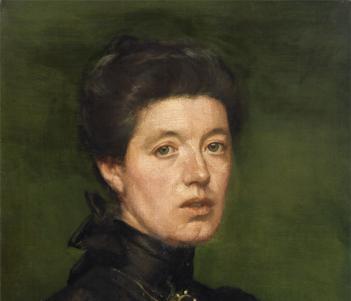 Naturalistic half-length portrait of a pale woman with her dark hair pinned up and wearing a high-necked black blouse with floral detailing at the throat