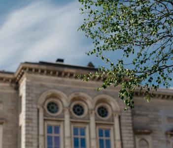 View of the classical facade of the National Gallery of Ireland at Merrion Square