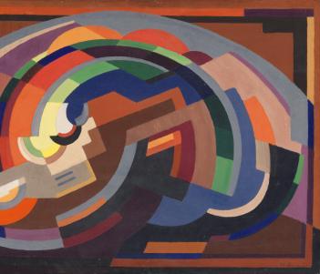 Abstract painting of concentric shapes in various orange, blue and green tones.