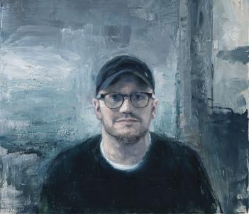 Painted head-and-shoulders portrait of Lenny Abrahamson wearing glasses and a baseball cap against a textured grey background.