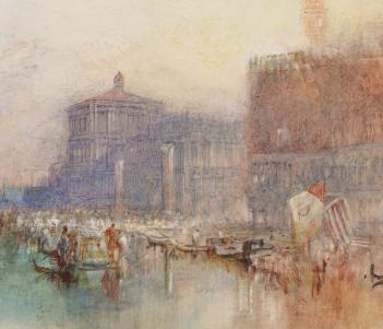 A watercolour by J.M.W. Turner showing the Doge's Palace and Piazzetta in Venice, with gondoliers in the canal in the foreground.