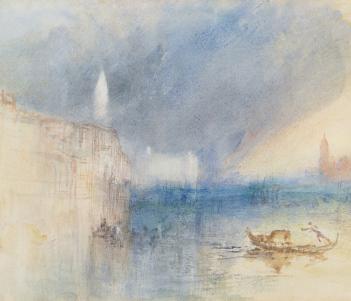 A watercolour by J.M.W. Turner showing purple storm clouds at the mouth of the Grand Canal in Venice and a gondola in the foreground.