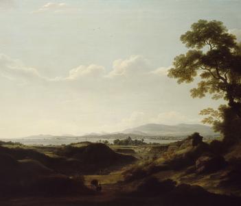 An oil painting of a landscape with mountains and the sea in the distance.