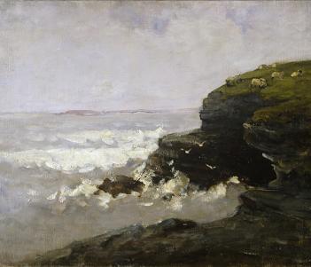 Oil painting of a grass-topped cliff, with waves crashing and a grey, overcast sky.
