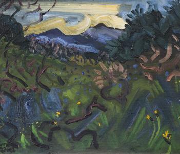 Expressionistic painting of a landscape with purple mountains in the distance and grass and yellow flowers in the foreground.