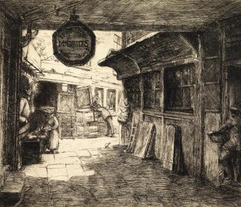 Black and white etching of a narrow laneway in a city, with a sign reading McDaid's hanging from an archway.
