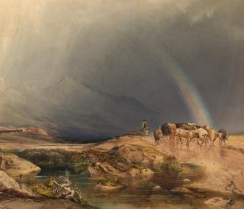 Watercolour of men herding cows through a mountainous landscape