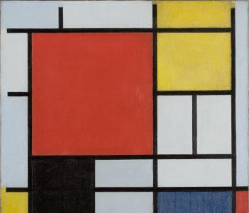 Abstract painting of a grid of grey, red, black, blue and yellow 