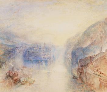 A light-filled watercolour showing mountains, rivers, and sky