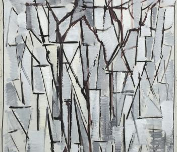 An abstract composition in tones of grey, white and black.