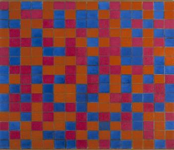 A checkerboard composition with oranges, pinks and blues