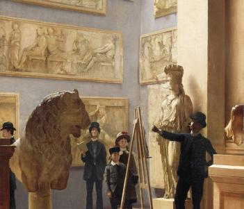 Painting of an artist standing at an easel copying from antique casts in the National Gallery of Ireland