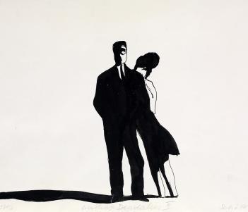 A black and white ink drawing of a woman leaning against a man, their shadows cast on the ground.
