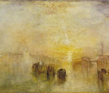 An atmospheric painting of boats on water with city buildings in the distance.