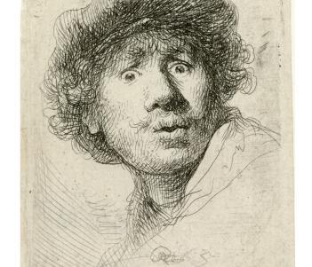 Etched self portrait of Rembrandt as a young man with curly hair, wearing a cap, with a surprised expression on his face