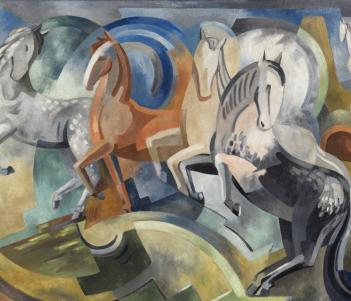 Cubist-style painting of a group of horses