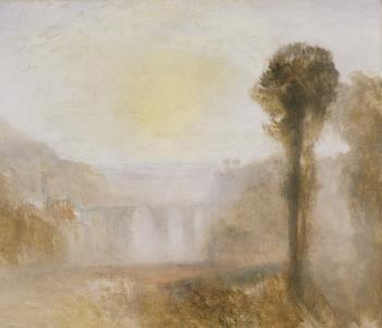 An oil painting of a landscape. In the right foreground, a clump of dark trees. Receding into the background, we can see a tall arched viaduct bridge.