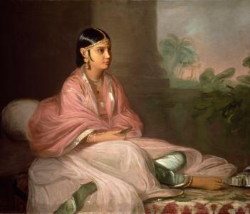 Painting of a female figure with dark hair wearing a pink shawl and dress sitting on a bed
