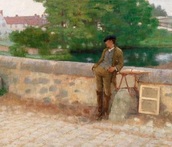 Painting of three figures standing on a bridge with a background of trees and a river