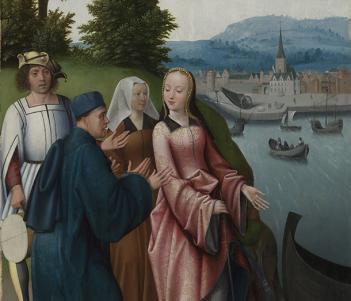 Painting of four figures in long medieval dress standing on the edge of a river