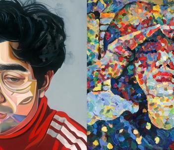 Collage of two paintings, one of a man with dark hair and a red top, the other of a woman in a hat shielding her eyes from the sun