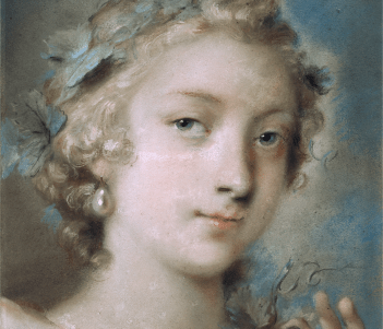 Pastel portrait of a female figure with blonde hair and a headdress of leaves holding purple grapes.