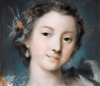 Portrait of a female figure with brown hair and a white dress holding a sprig of white and orange flowers.