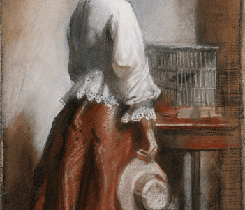 Pastel drawing of a female figure with her back to the viewer wearing a white top and brown skirt standing beside a birdcage.