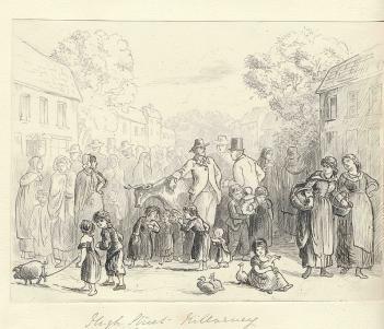 Drawing of a market scene and assorted people in period costume