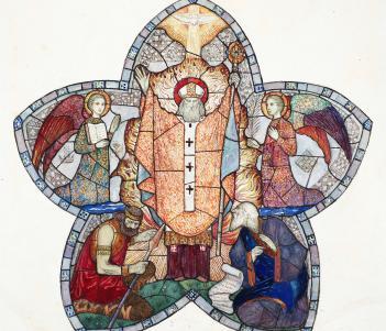 Watercolour image of a stained glass window of St Patrick in an orange robe with outstretched arms surrounded by angels and other saints