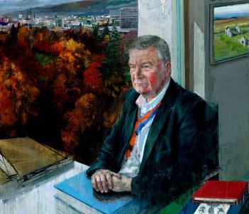 Painting of a man sitting behind a desk surrounded by books, in front of a window overlooking an autumnal scene.