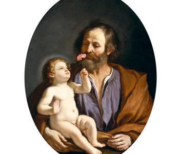 Painting of a man with a beard, wearing a purple shirt and brown robe, holding a baby who is holding a pink rose.