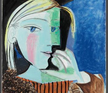 Cubist painting of a woman in green and blue, wearing a brown top.