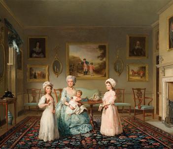 Painting of a woman in a blue Georgian style dress with three children. They are sitting in the middle of a grand sitting room.