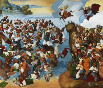Large painting depicting the parting of the red sea, with numerous figures in a sea scape.