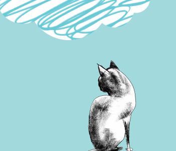 A blue rectangle with a drawing of a cat on the right-hand side 