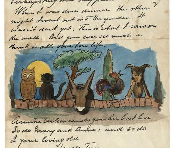 Handwritten letter featuring a watercolour of an owl, a blac cat, a donkey, a rooster and a dog peering over a brick wall.