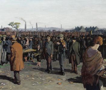 Painting of two singers and a violinist, performing surrounded by a crowd attending a Gaelic football match