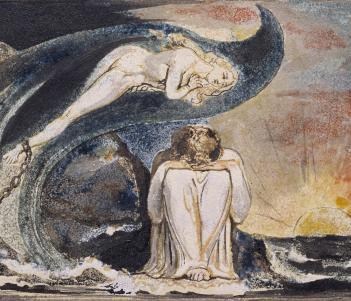 A figure dressed in white sits in the centre of the frame with the head resting in their hands. Above them floats a figure in a blue wave, their ankles shackled. To the right, the sun appears over the sea.