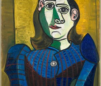 Cubist painting of a woman in a blue hat and blue dress.