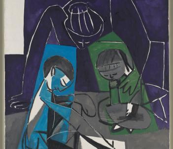 Cubist painting of two children sitting on the floor, drawing. The outline of woman sits behind them. 