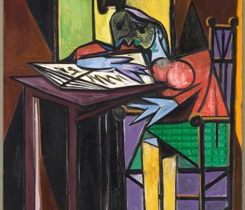 Cubist painting of a woman sat at a desk reading, wearing a red top, green skirt and yellow tights.