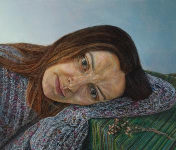 A painting of a young woman wearing a grey jumper, leaning her head on her arm
