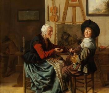 An artist at an easel turns to look at the viewer as an elderly woman offers money for him to paint her portrait