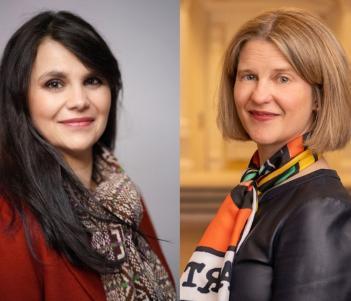 Photographs of a woman with dark hair, a red top and fair-isle scarf, and a woman with a blond bob, dark grey top and a colourful silk scarf