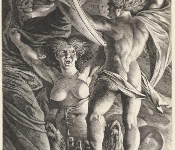 An etching of a scene with satan and a number of other figures, arms raised. 